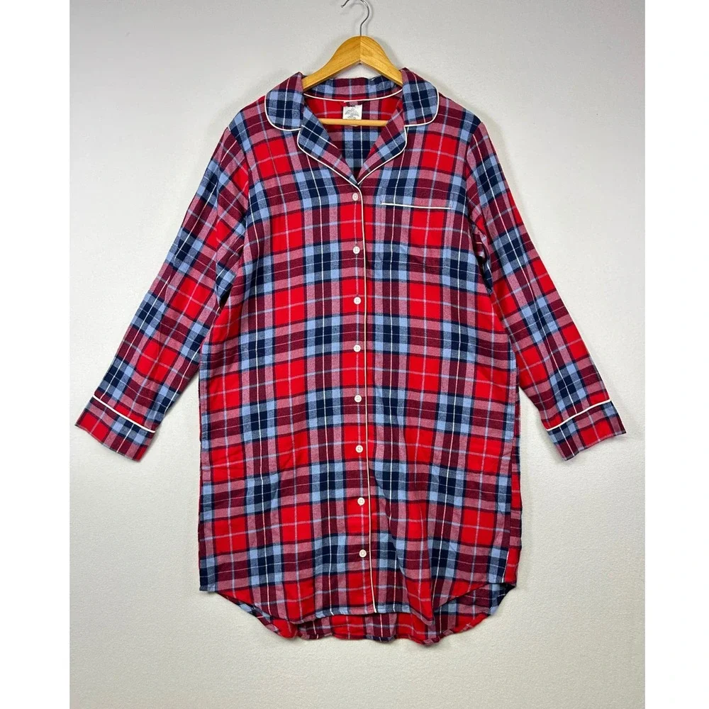 Cozy Plaid Lands End Girls Size Large 14-16 Red Blue Flannel‎ Button Nightshirt